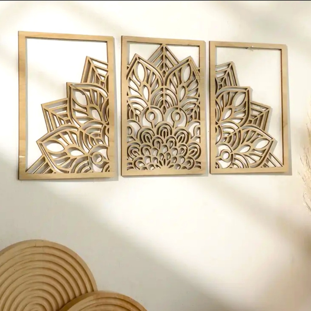New 3pc Natural Wood Finish / DYI Mandala Wall Art Decor 10”x7” Each Piece